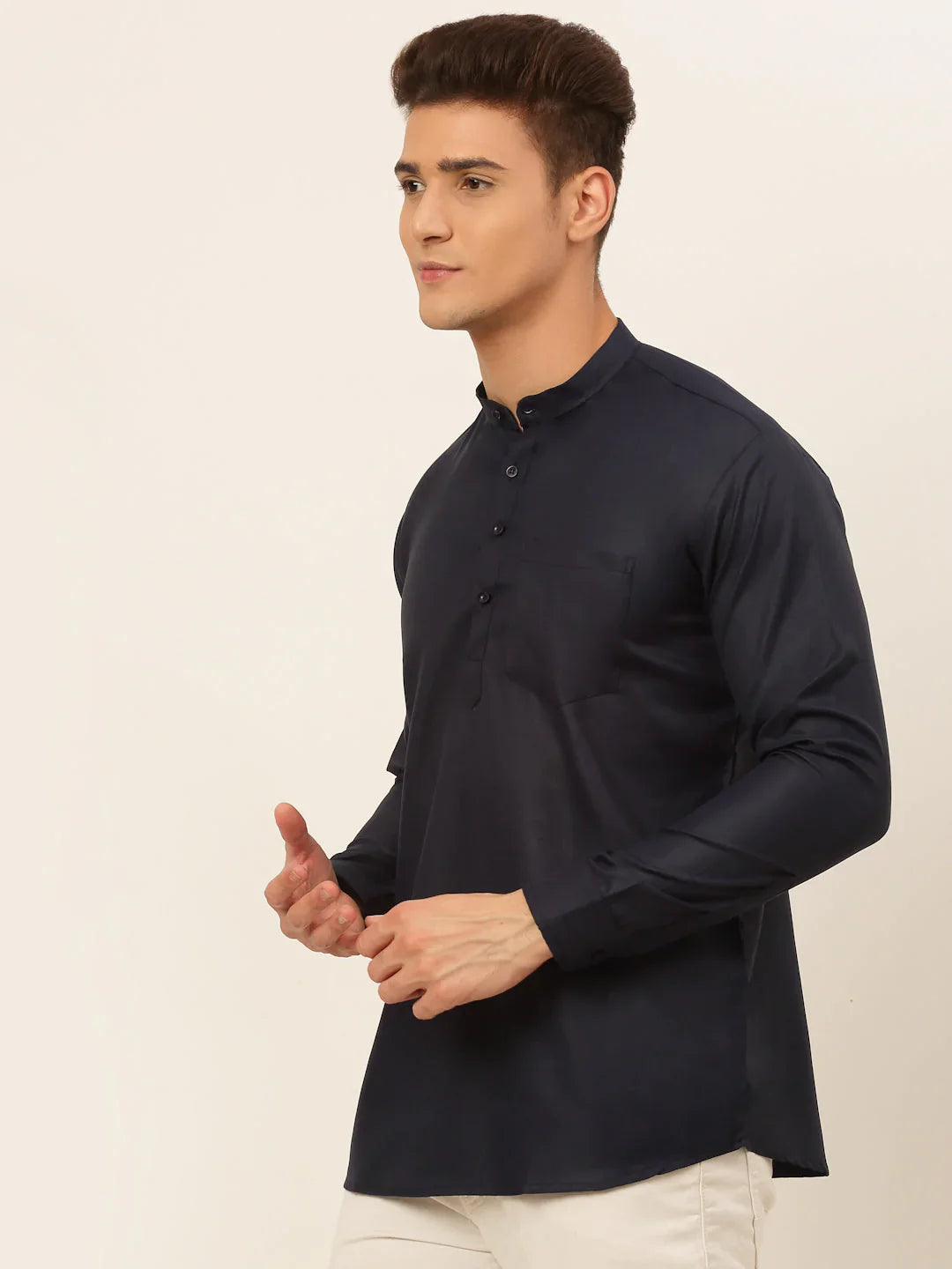 Jompers Men's Navy-Blue Solid Cotton Short Kurta - Navy Blue - Distacart