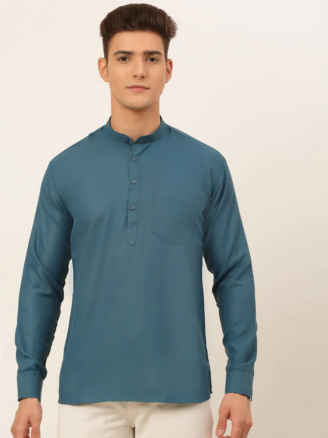 Jompers Men's Teal Blue Solid Cotton Short Kurta - Teal - Distacart