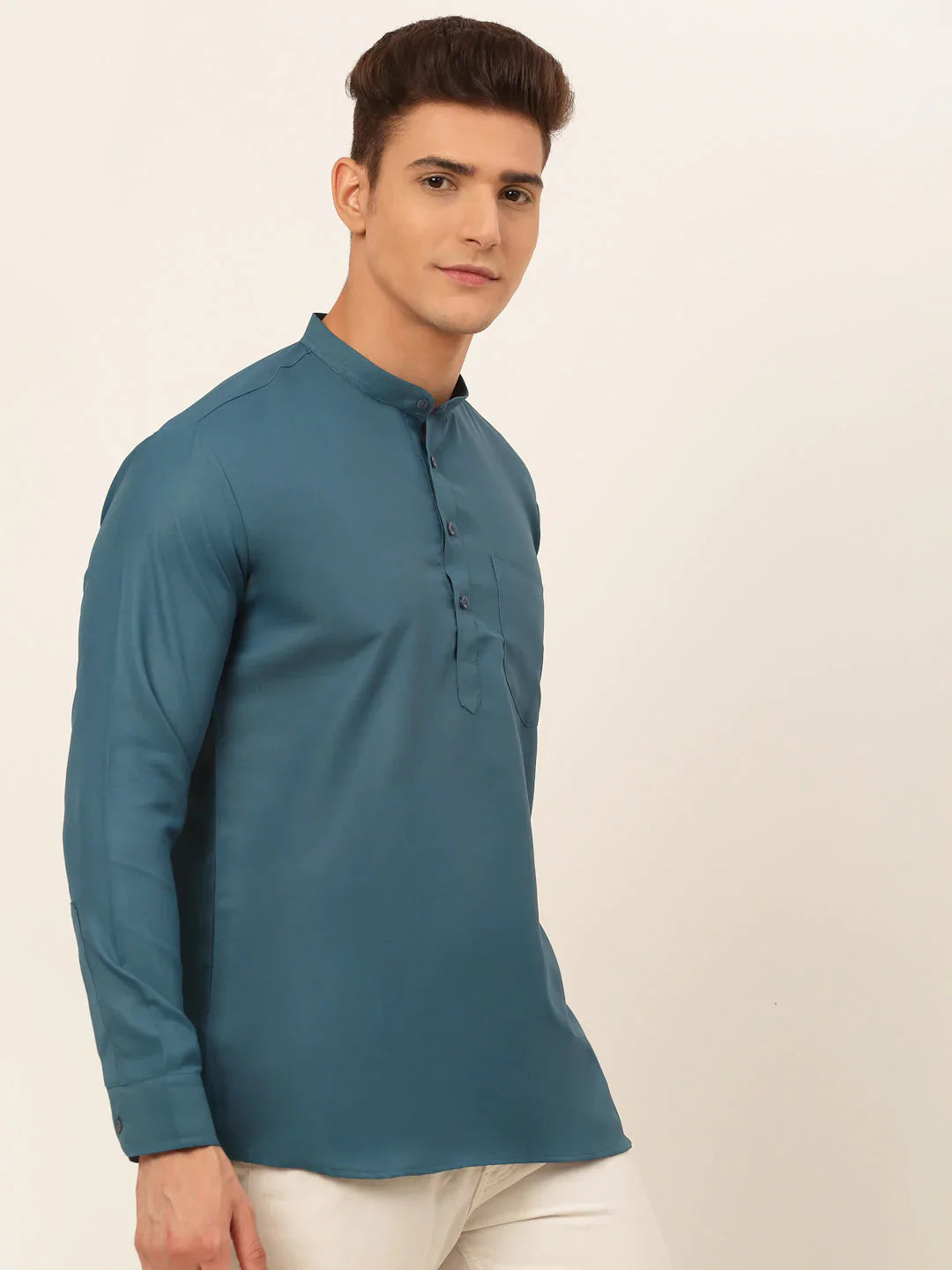 Jompers Men's Teal Blue Solid Cotton Short Kurta - Teal - Distacart