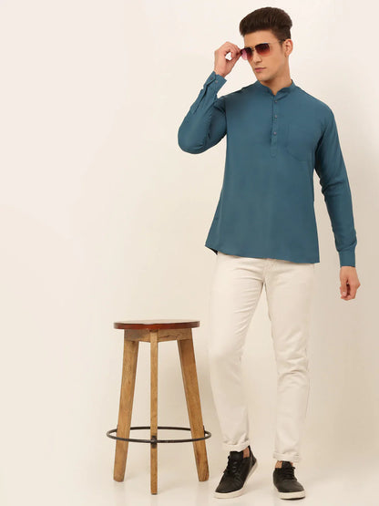Jompers Men's Teal Blue Solid Cotton Short Kurta - Teal - Distacart