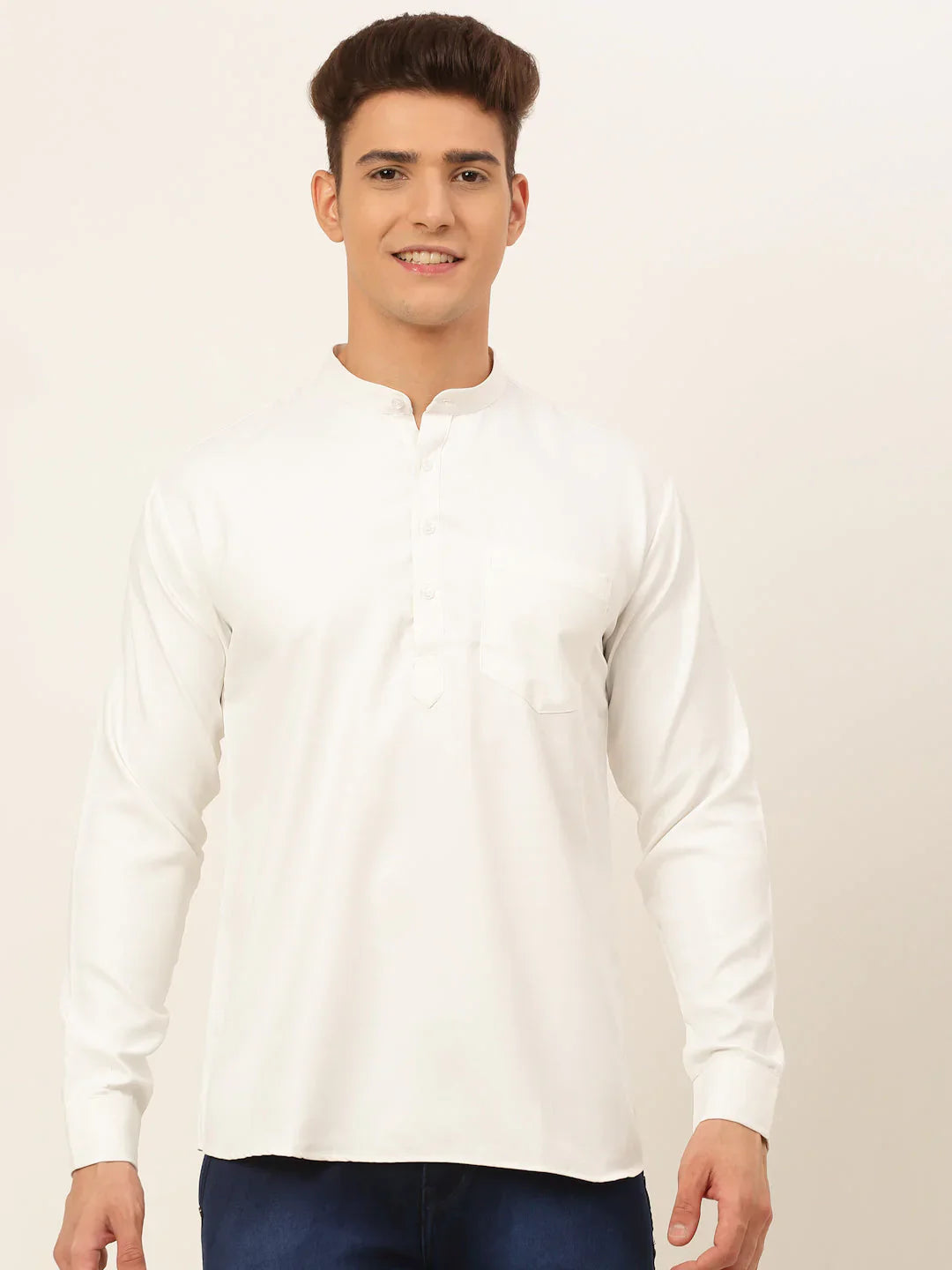 Jompers Men's White Solid Cotton Short Kurta - White - Distacart
