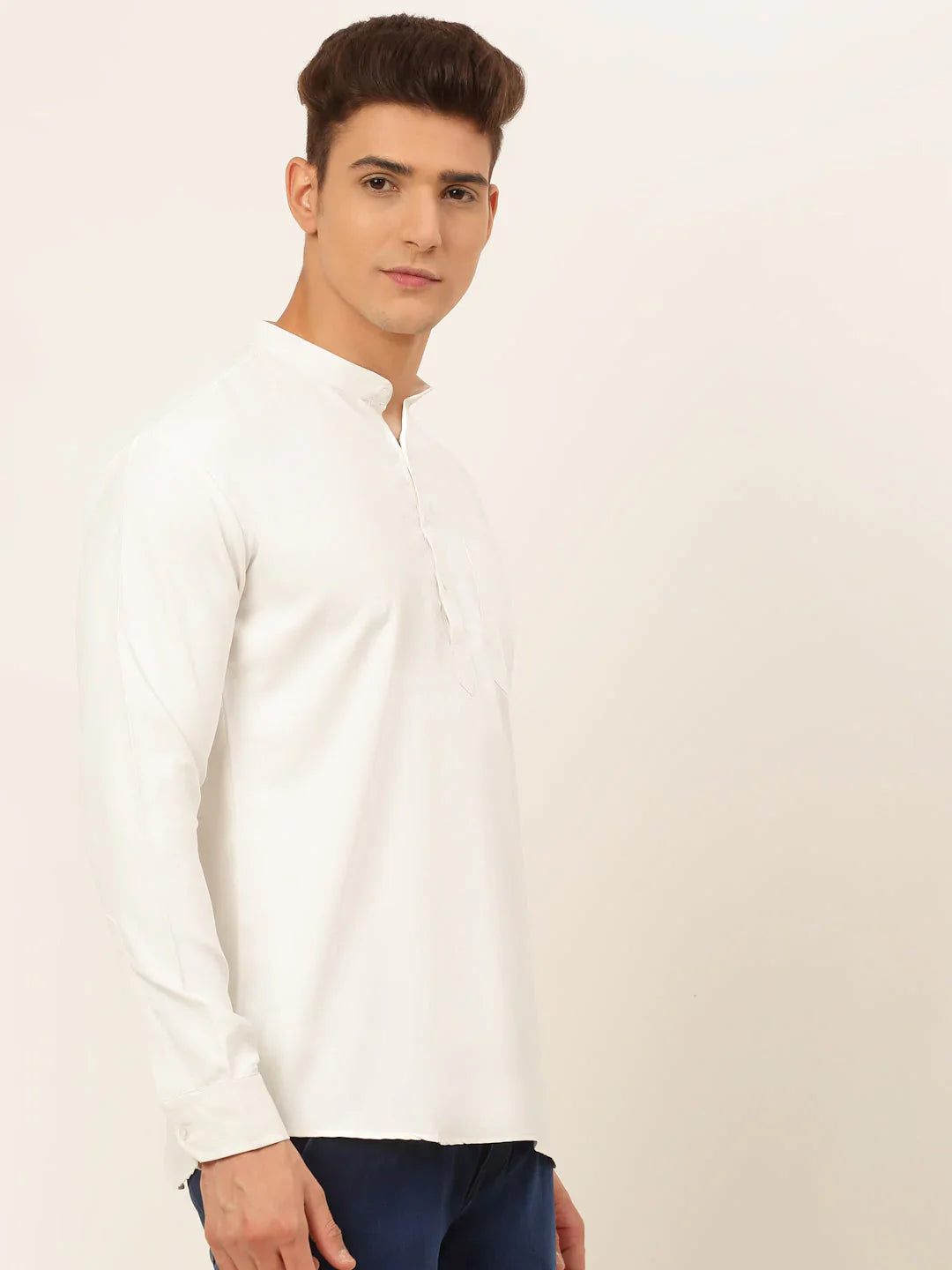 Jompers Men's White Solid Cotton Short Kurta - White - Distacart
