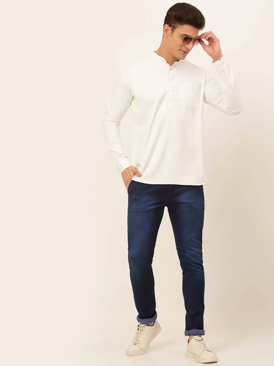 Jompers Men's White Solid Cotton Short Kurta - White - Distacart