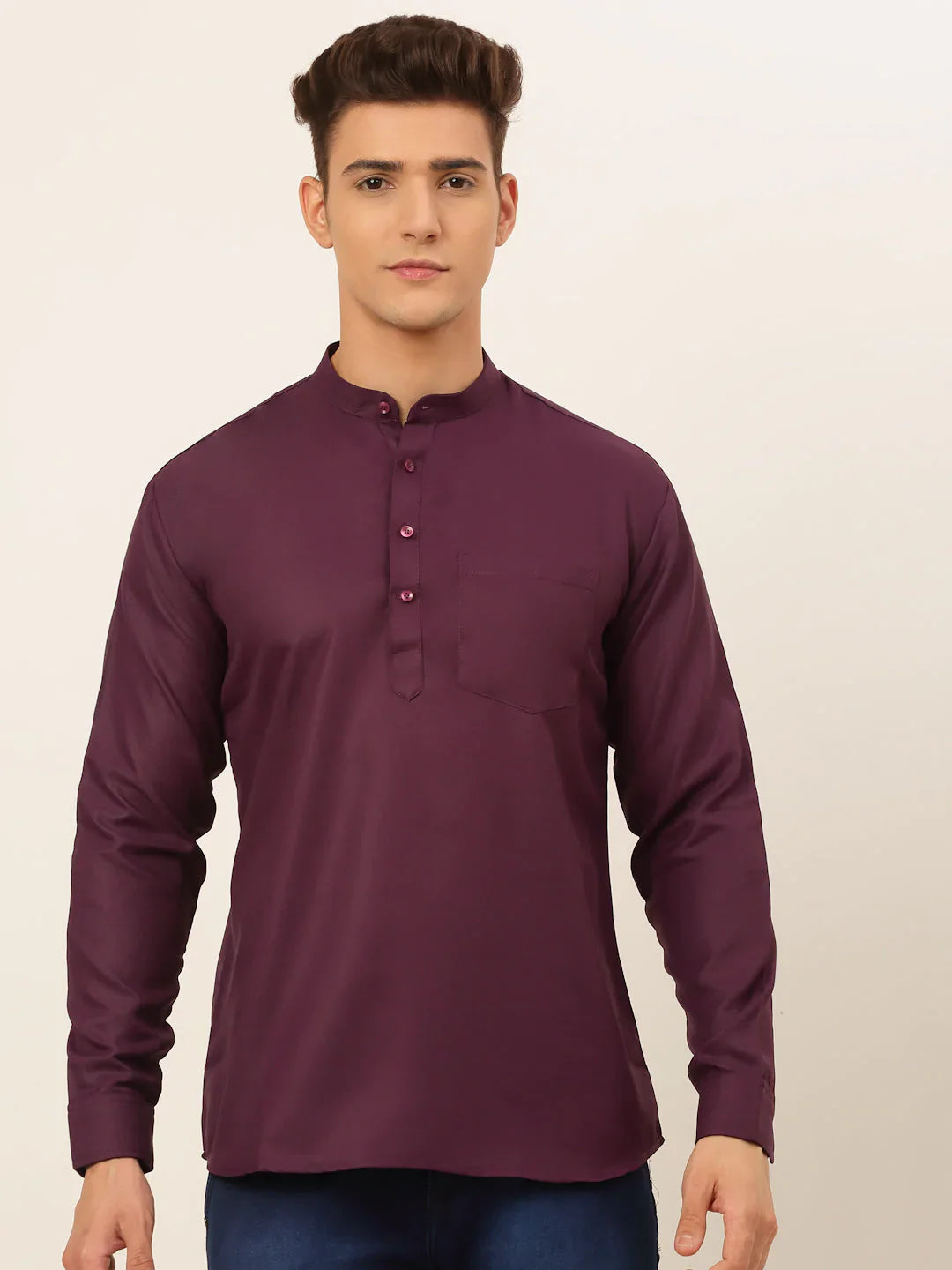 Jompers Men's Purple Solid Cotton Short Kurta - Wine - Distacart