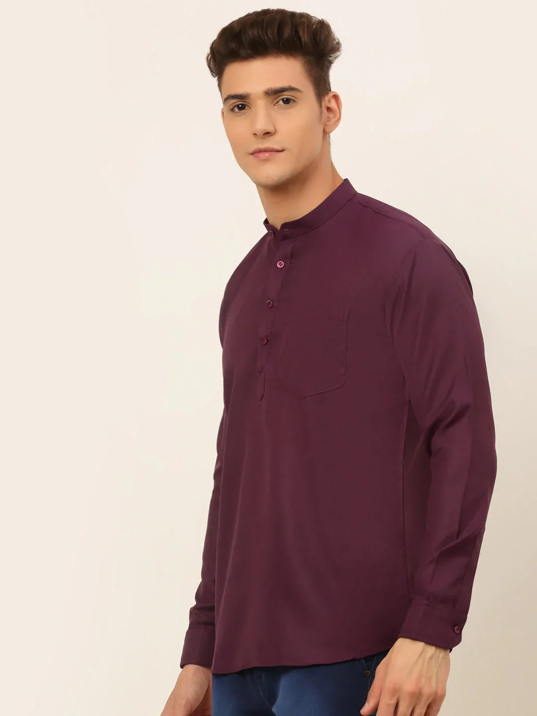 Jompers Men's Purple Solid Cotton Short Kurta - Wine - Distacart
