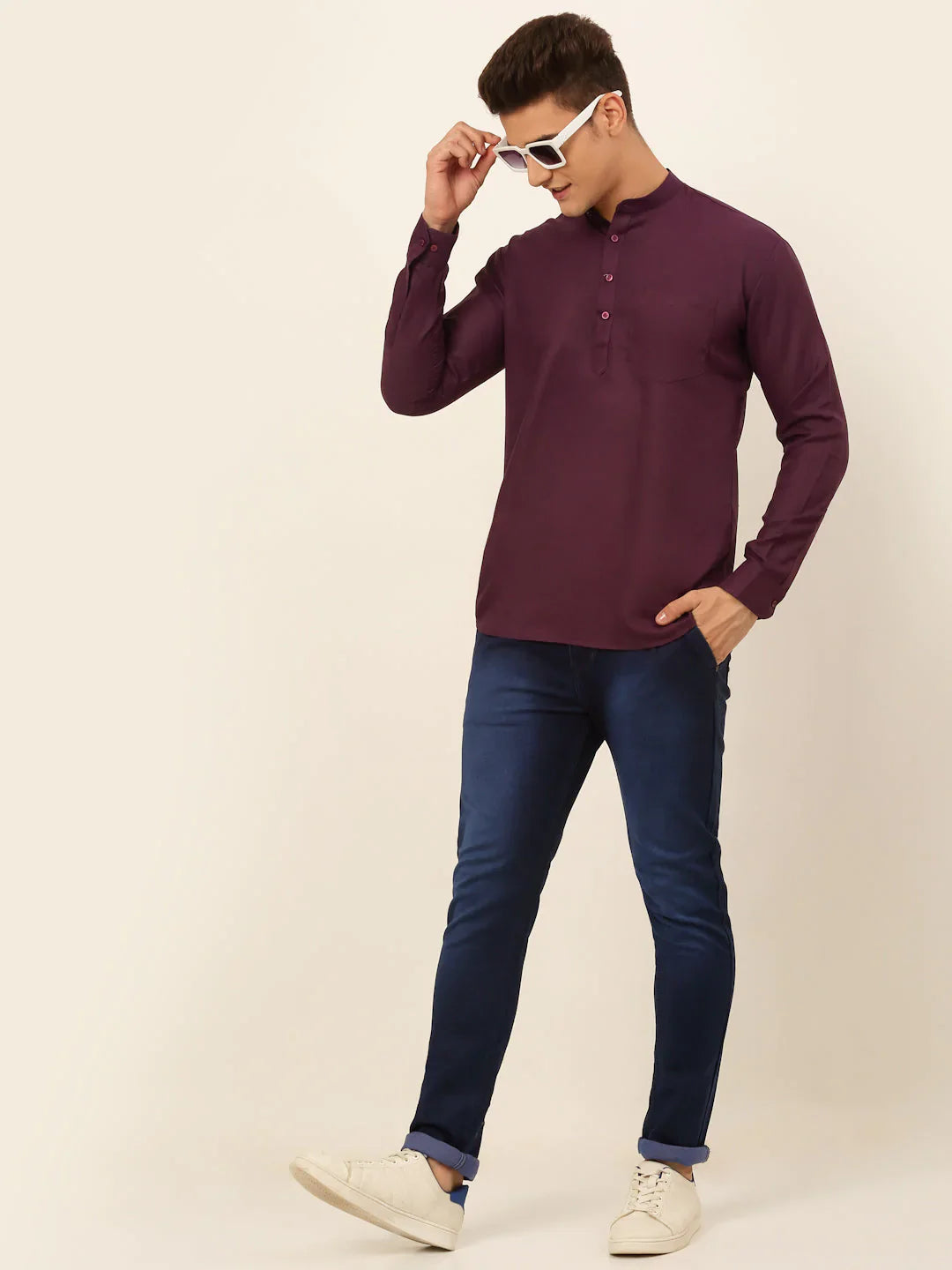 Jompers Men's Purple Solid Cotton Short Kurta - Wine - Distacart
