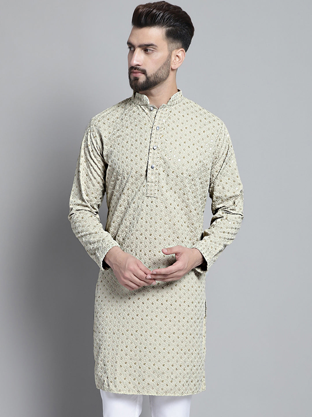 Jompers Men's Beige Chikankari Embroidered and Sequence Kurta Only - Distacart