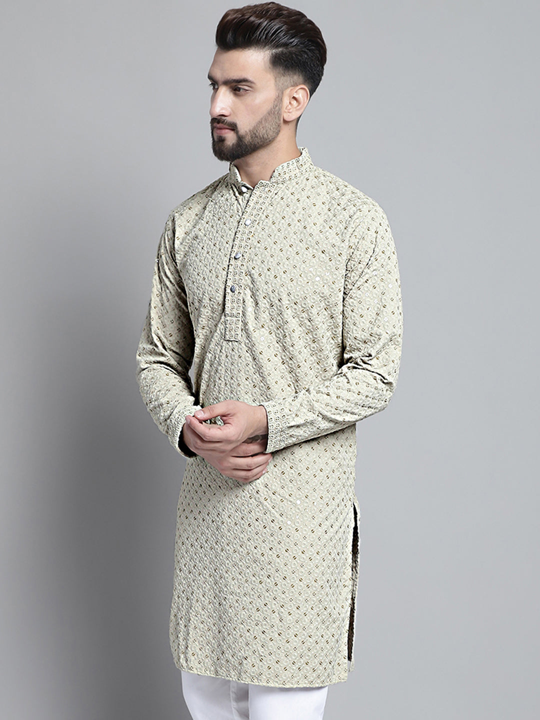 Jompers Men's Beige Chikankari Embroidered and Sequence Kurta Only - Distacart