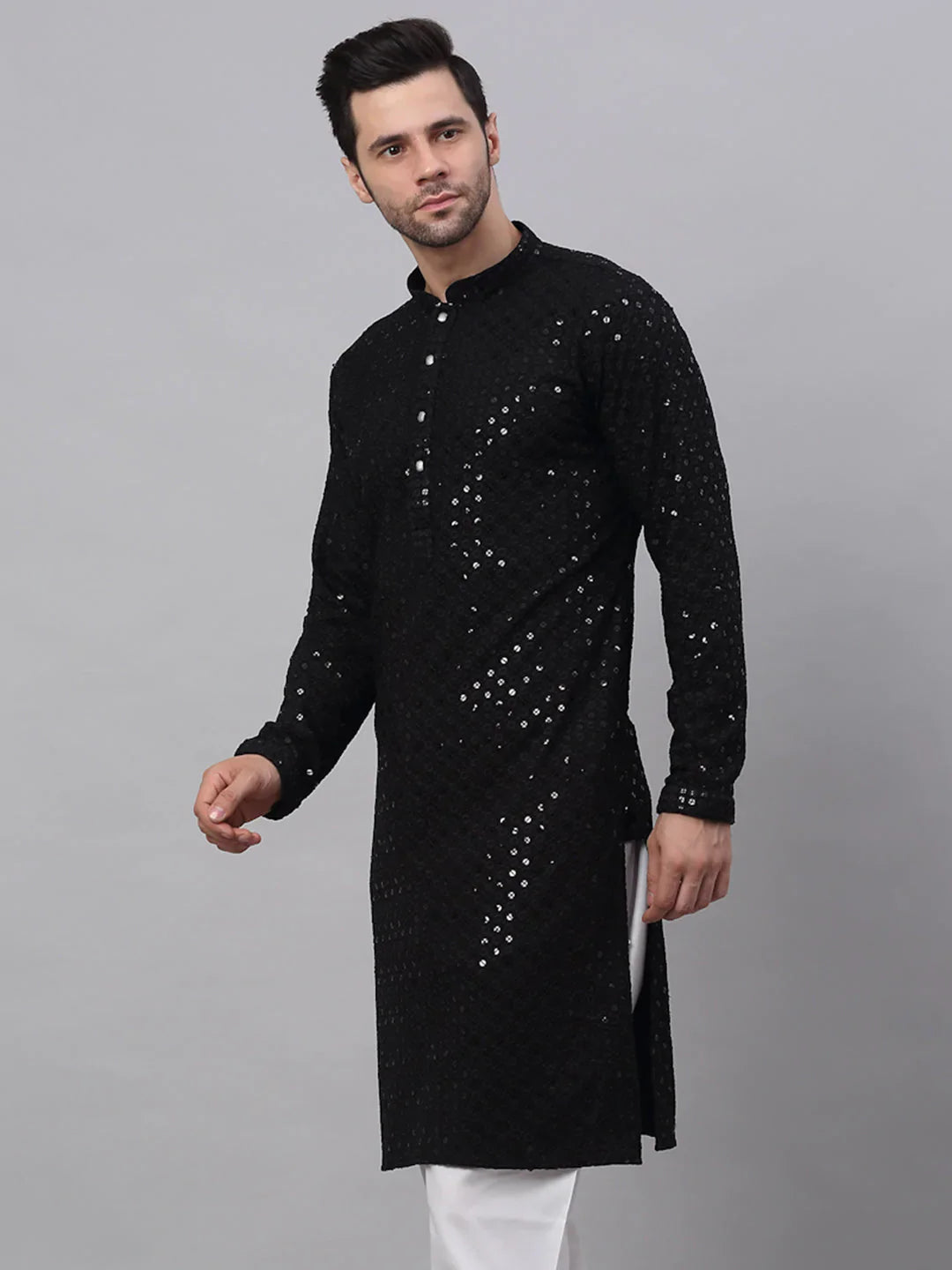 Jompers Men's Black Chikankari Embroidered and Sequence Kurta Only - Distacart