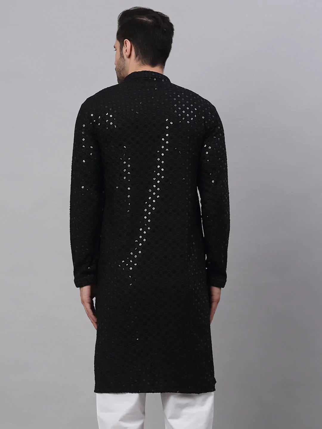Jompers Men's Black Chikankari Embroidered and Sequence Kurta Only - Distacart