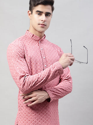 Jompers Men's Coral Red Chikankari Embroidered and Sequence Kurta - Distacart