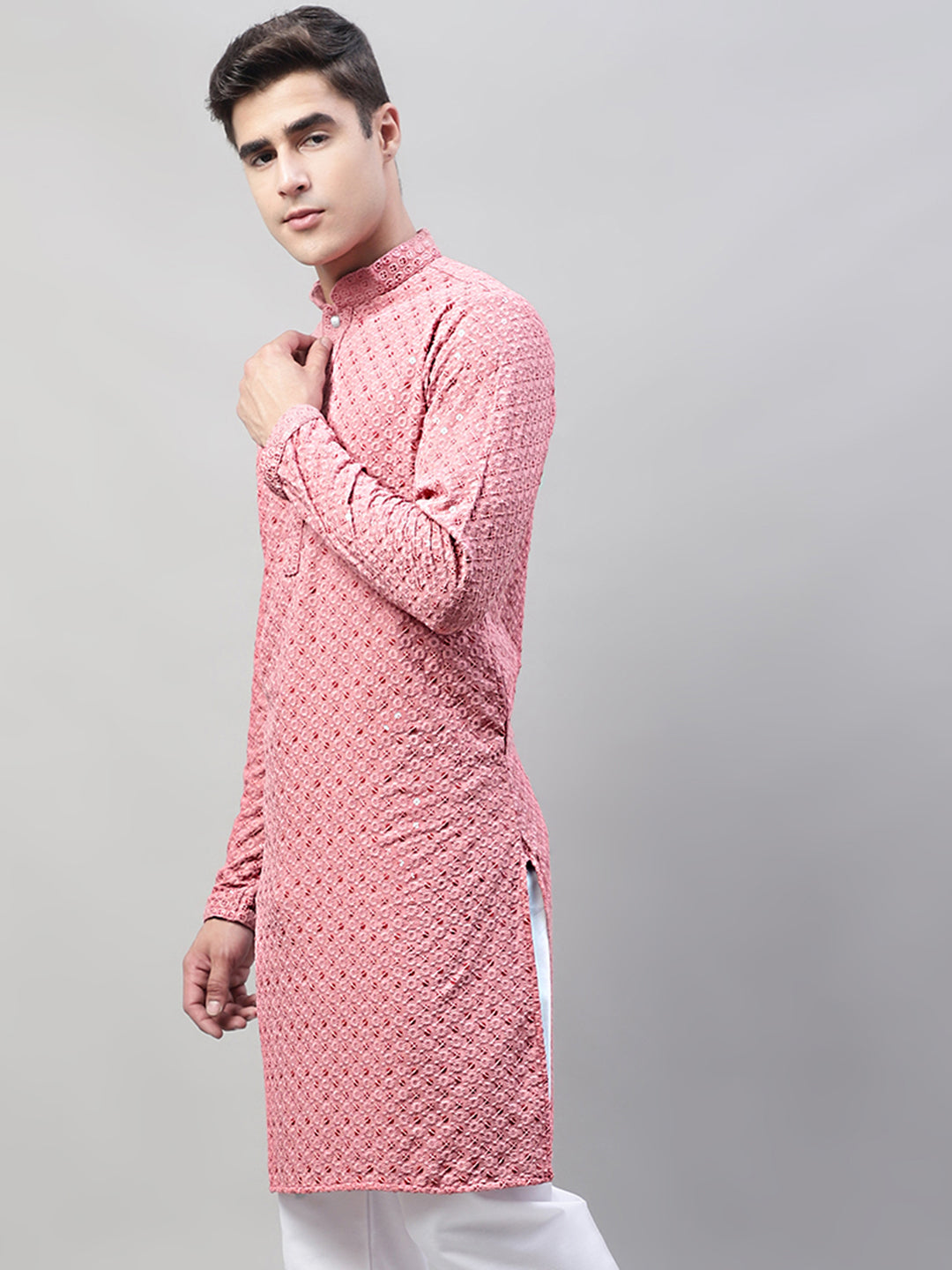 Jompers Men's Coral Red Chikankari Embroidered and Sequence Kurta - Distacart