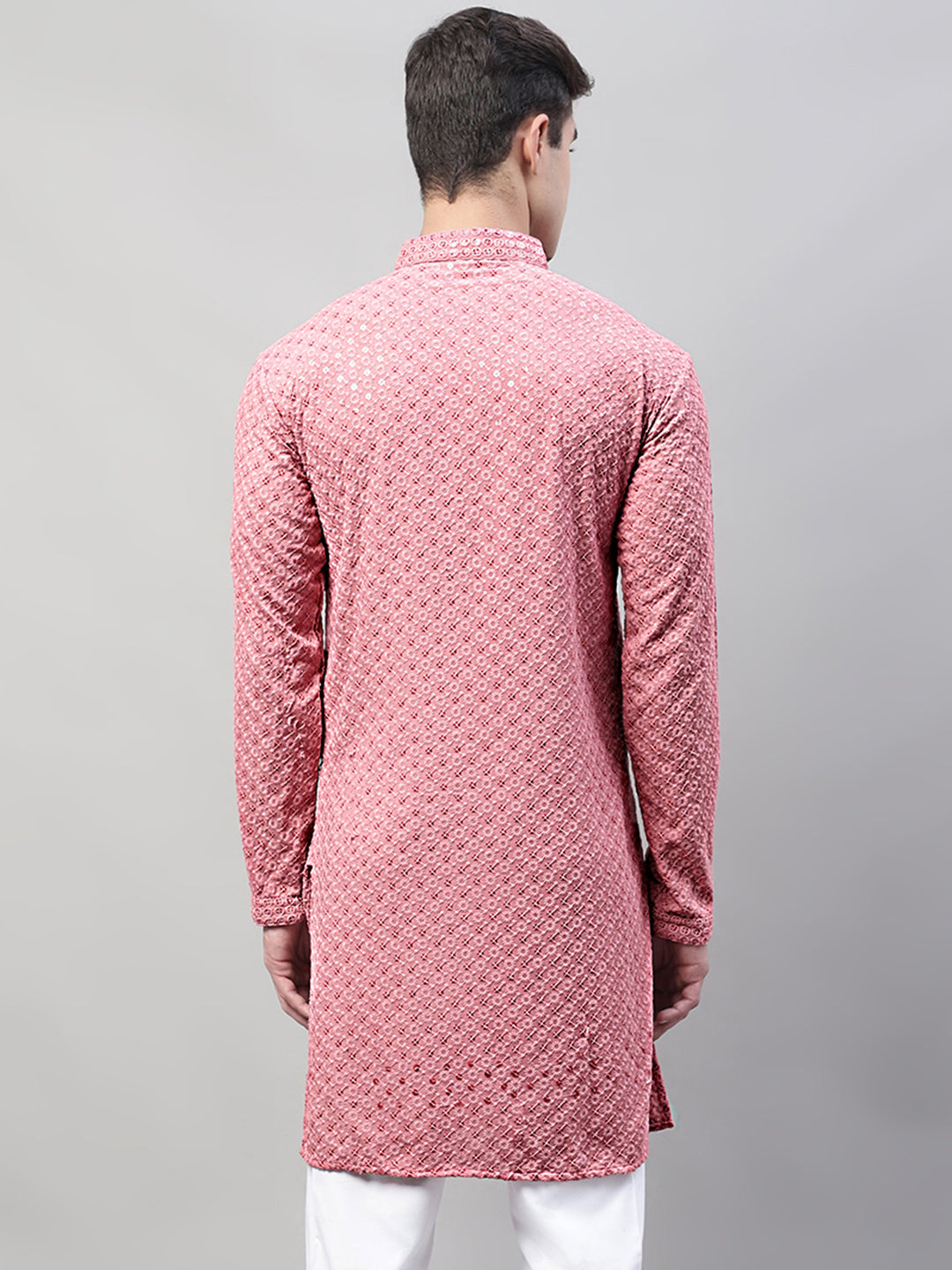 Jompers Men's Coral Red Chikankari Embroidered and Sequence Kurta - Distacart