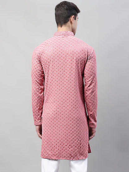 Jompers Men's Coral Red Chikankari Embroidered and Sequence Kurta - Distacart