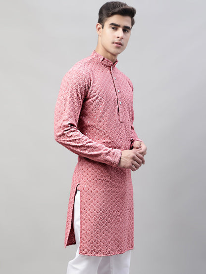 Jompers Men's Coral Red Chikankari Embroidered and Sequence Kurta - Distacart