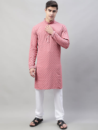 Jompers Men's Coral Red Chikankari Embroidered and Sequence Kurta - Distacart