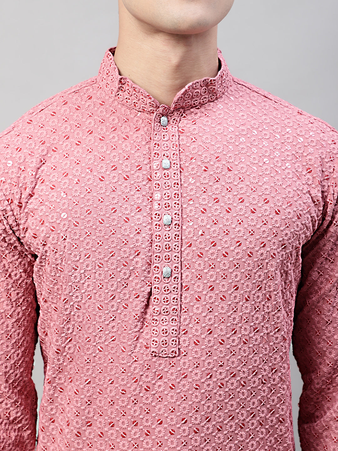 Jompers Men's Coral Red Chikankari Embroidered and Sequence Kurta - Distacart