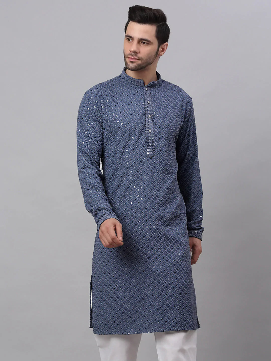 Jompers Men's Grey Chikankari Embroidered and Sequence Kurta Only - Distacart