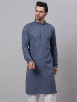 Thumbnail for Jompers Men's Grey Chikankari Embroidered and Sequence Kurta Only - Distacart
