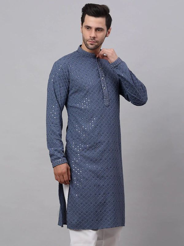 Jompers Men's Grey Chikankari Embroidered and Sequence Kurta Only - Distacart