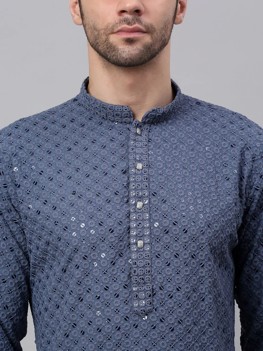 Jompers Men's Grey Chikankari Embroidered and Sequence Kurta Only - Distacart