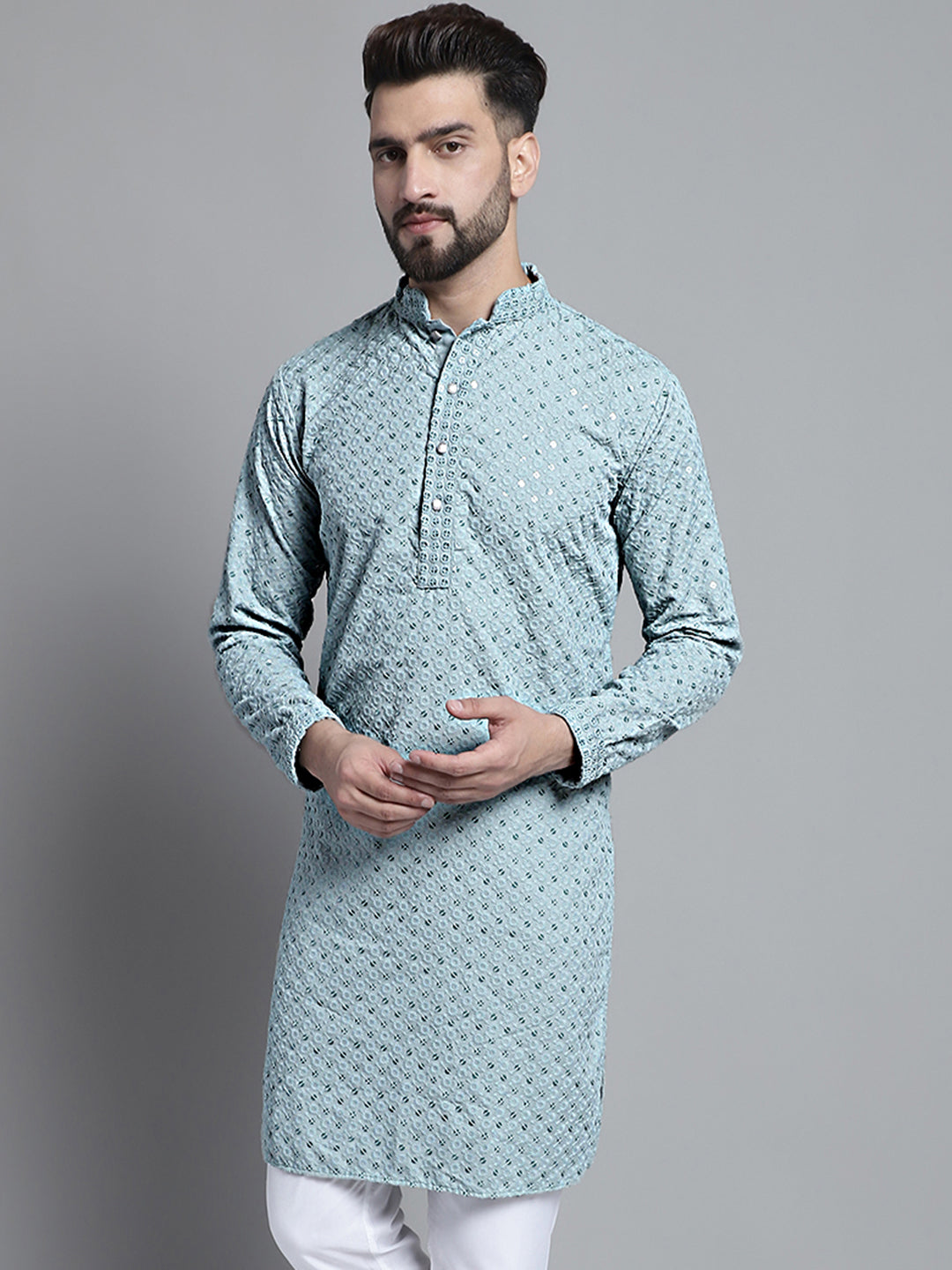 Jompers Men's Blue Chikankari Embroidered and Sequence Kurta Only - Distacart