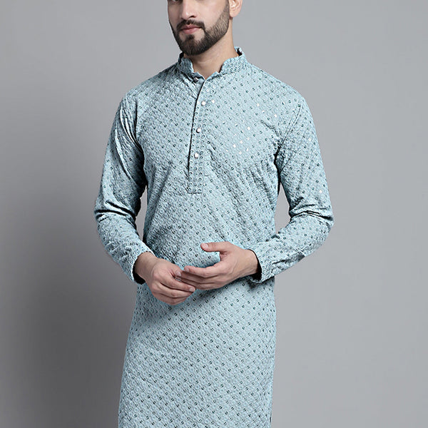 Jompers Men's Blue Chikankari Embroidered and Sequence Kurta Only - Distacart