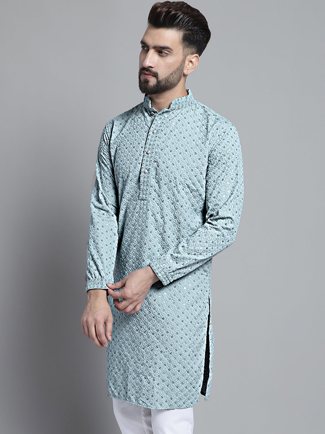 Jompers Men's Blue Chikankari Embroidered and Sequence Kurta Only - Distacart