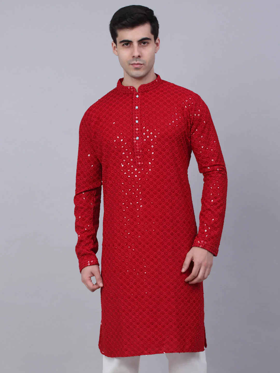 Jompers Men's Maroon Chikankari Embroidered and Sequence Kurta Only - Distacart