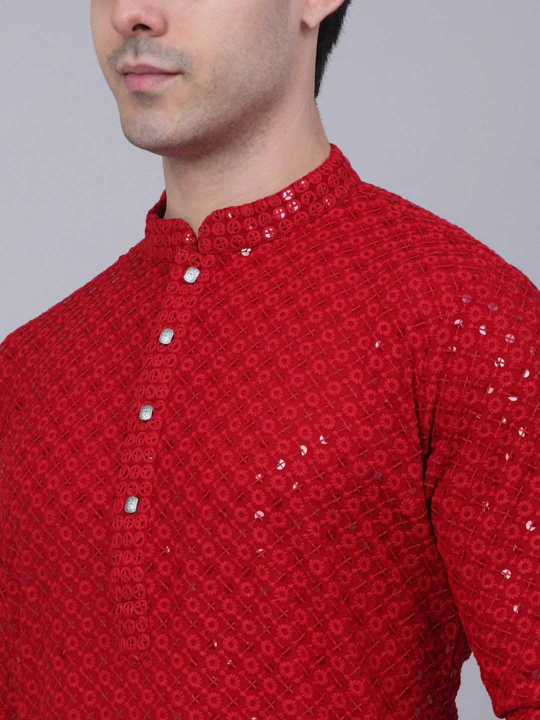 Jompers Men's Maroon Chikankari Embroidered and Sequence Kurta Only - Distacart