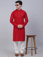Thumbnail for Jompers Men's Maroon Chikankari Embroidered and Sequence Kurta Only - Distacart