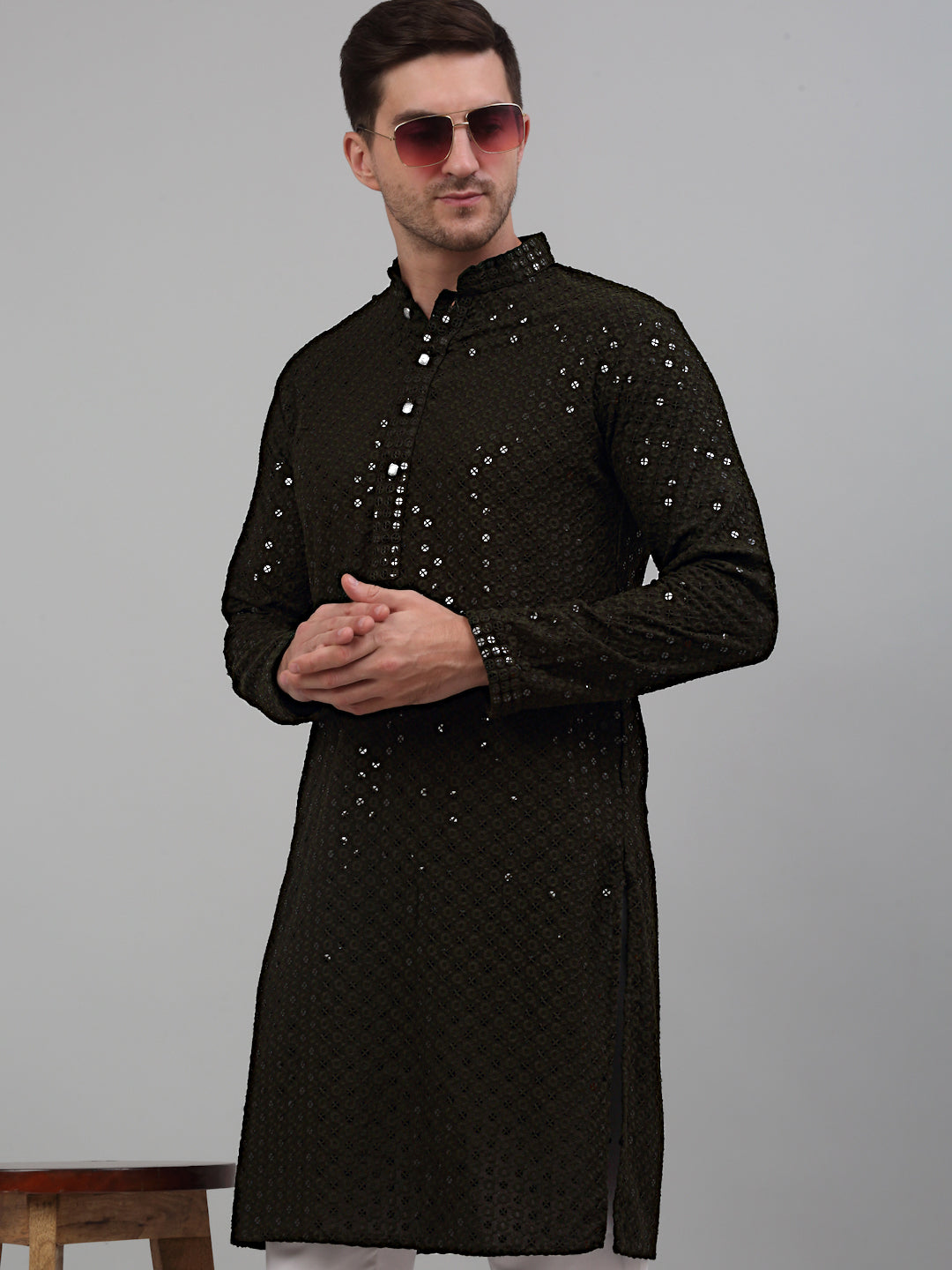 Jompers Men's Mehndi Green Chikankari Embroidered and Sequence Kurta Only - Distacart