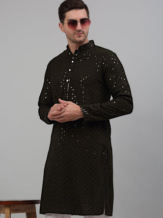 Jompers Men's Mehndi Green Chikankari Embroidered and Sequence Kurta Only - Distacart