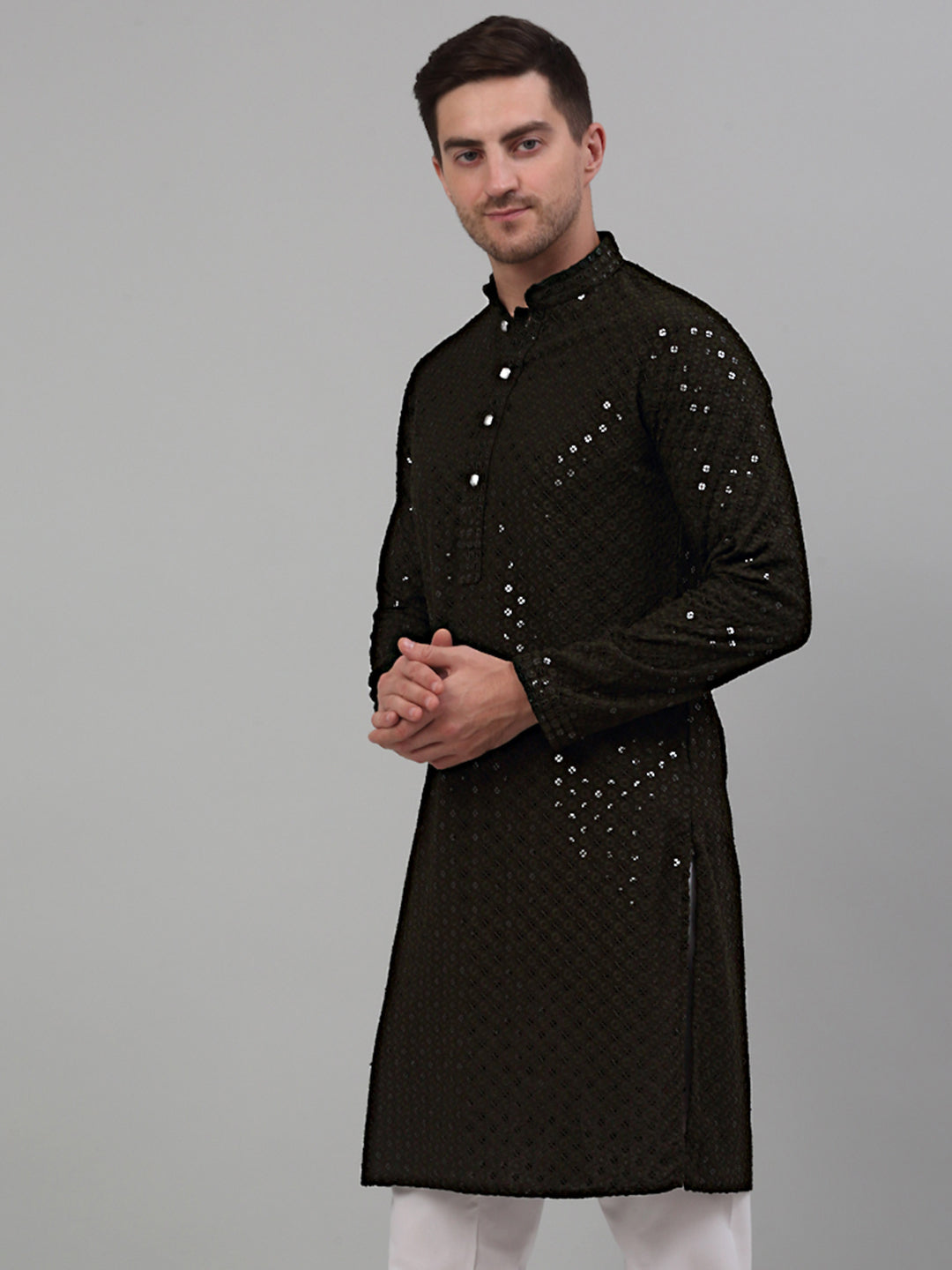 Jompers Men's Mehndi Green Chikankari Embroidered and Sequence Kurta Only - Distacart