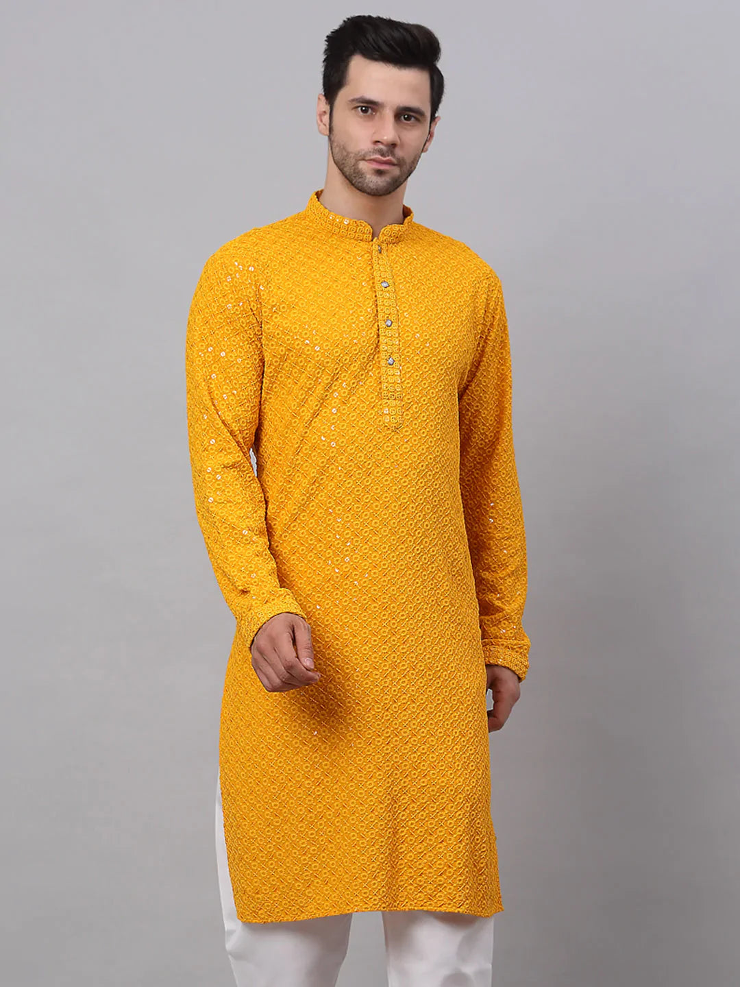 Jompers Men's Mustard Chikankari Embroidered and Sequence Kurta Only - Distacart
