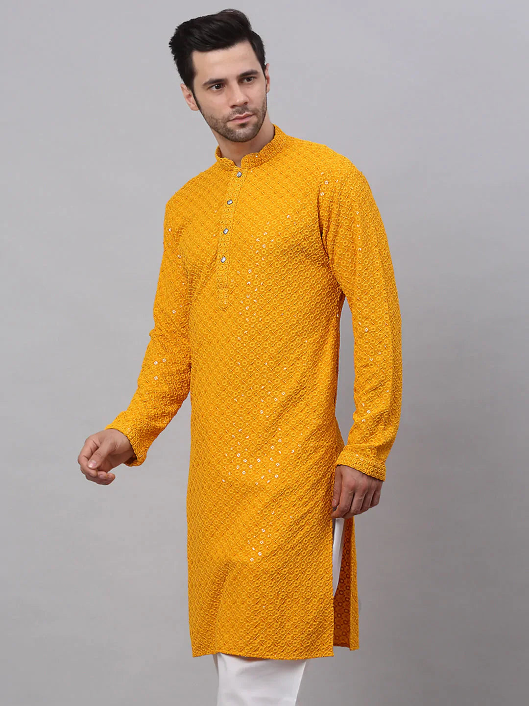 Jompers Men's Mustard Chikankari Embroidered and Sequence Kurta Only - Distacart
