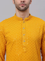 Thumbnail for Jompers Men's Mustard Chikankari Embroidered and Sequence Kurta Only - Distacart
