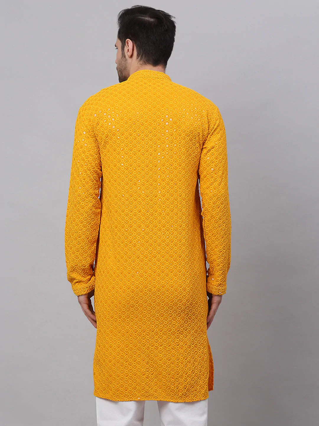 Jompers Men's Mustard Chikankari Embroidered and Sequence Kurta Only - Distacart