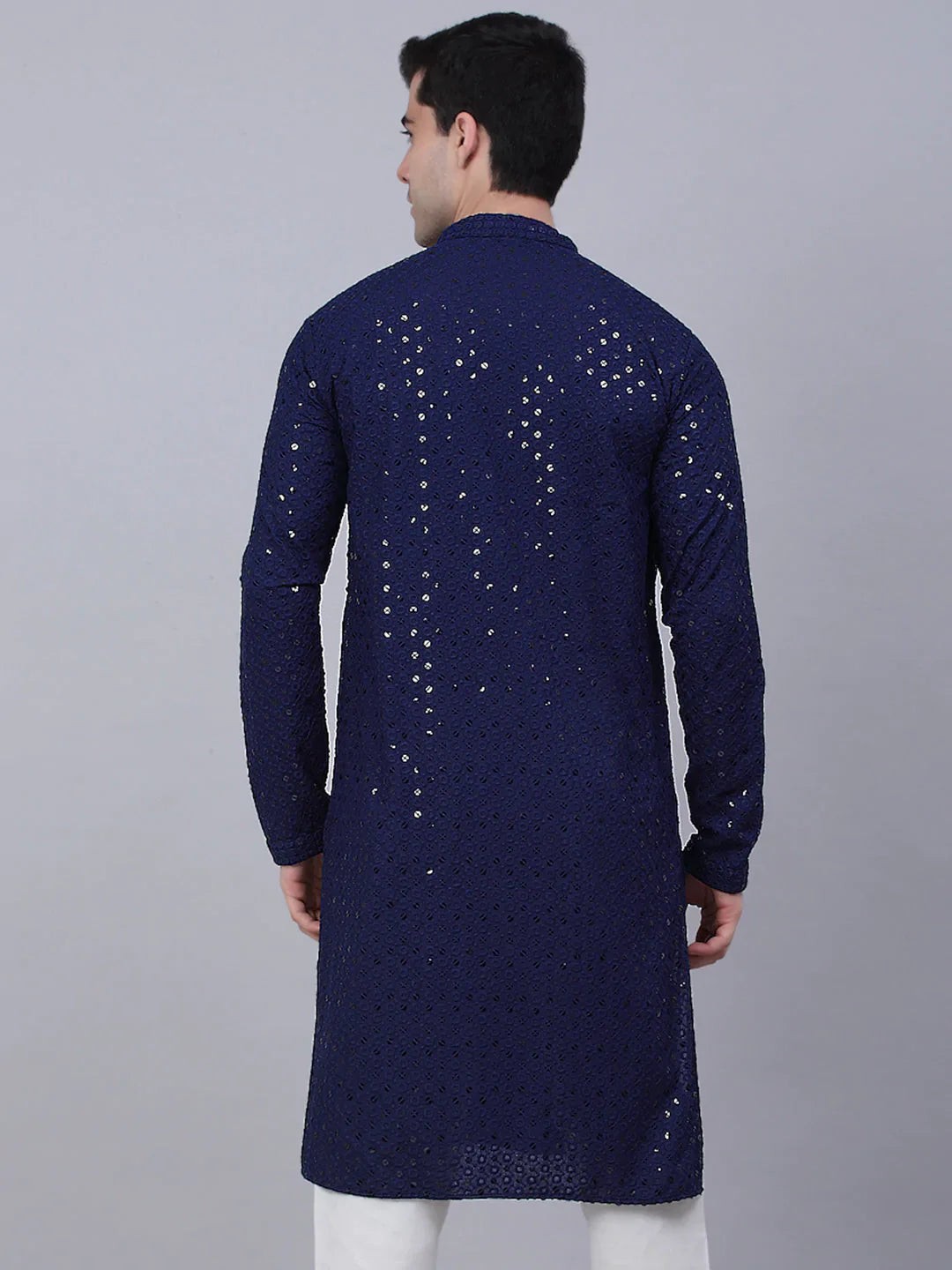 Jompers Men's Navy Blue Chikankari Embroidered and Sequence Kurta Only - Distacart