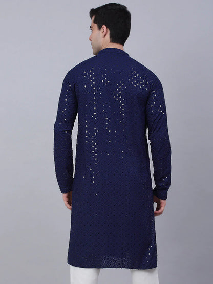 Jompers Men's Navy Blue Chikankari Embroidered and Sequence Kurta Only - Distacart