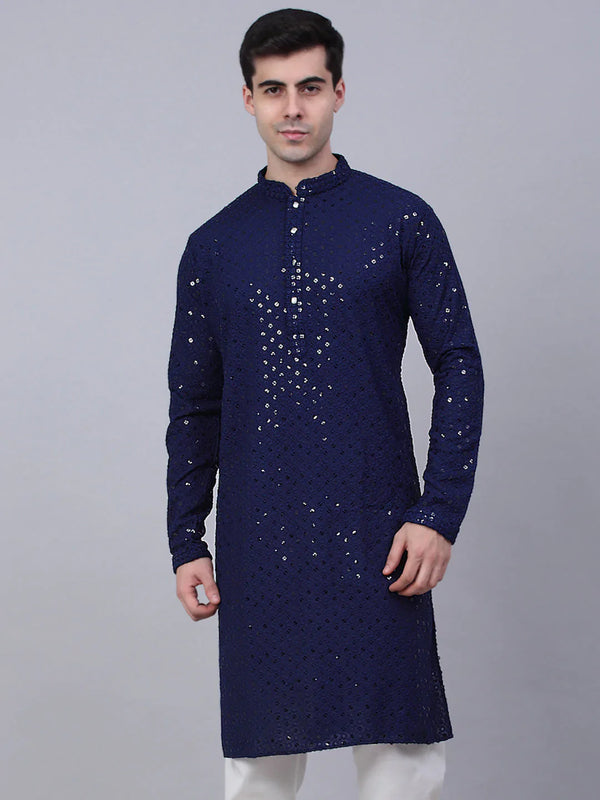 Jompers Men's Navy Blue Chikankari Embroidered and Sequence Kurta Only - Distacart