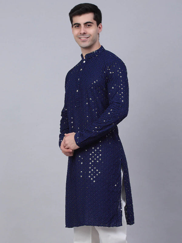 Jompers Men's Navy Blue Chikankari Embroidered and Sequence Kurta Only - Distacart