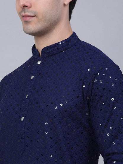 Jompers Men's Navy Blue Chikankari Embroidered and Sequence Kurta Only - Distacart