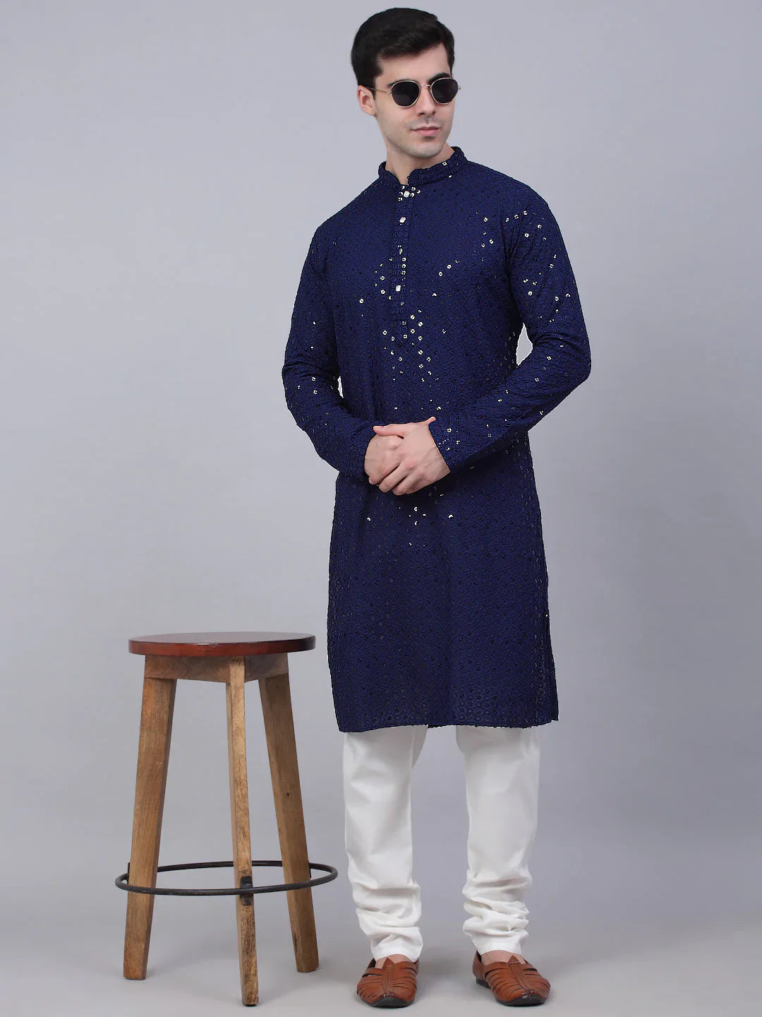 Jompers Men's Navy Blue Chikankari Embroidered and Sequence Kurta Only - Distacart