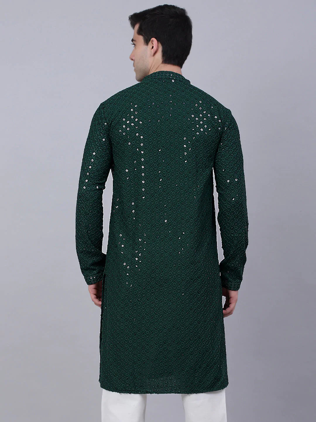 Jompers Men's Olive Green Chikankari Embroidered and Sequence Kurta Only - Distacart