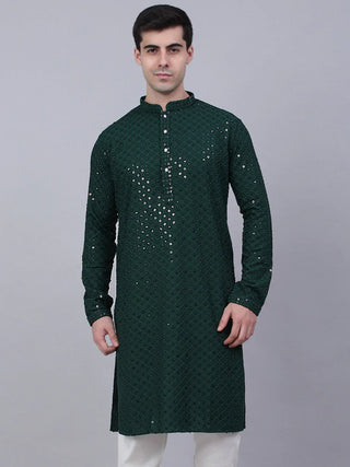 Jompers Men's Olive Green Chikankari Embroidered and Sequence Kurta Only - Distacart