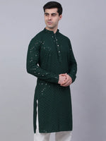 Thumbnail for Jompers Men's Olive Green Chikankari Embroidered and Sequence Kurta Only - Distacart