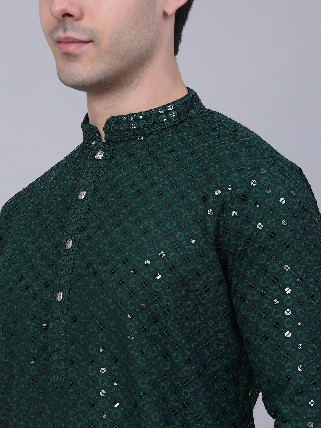 Jompers Men's Olive Green Chikankari Embroidered and Sequence Kurta Only - Distacart