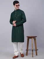 Thumbnail for Jompers Men's Olive Green Chikankari Embroidered and Sequence Kurta Only - Distacart