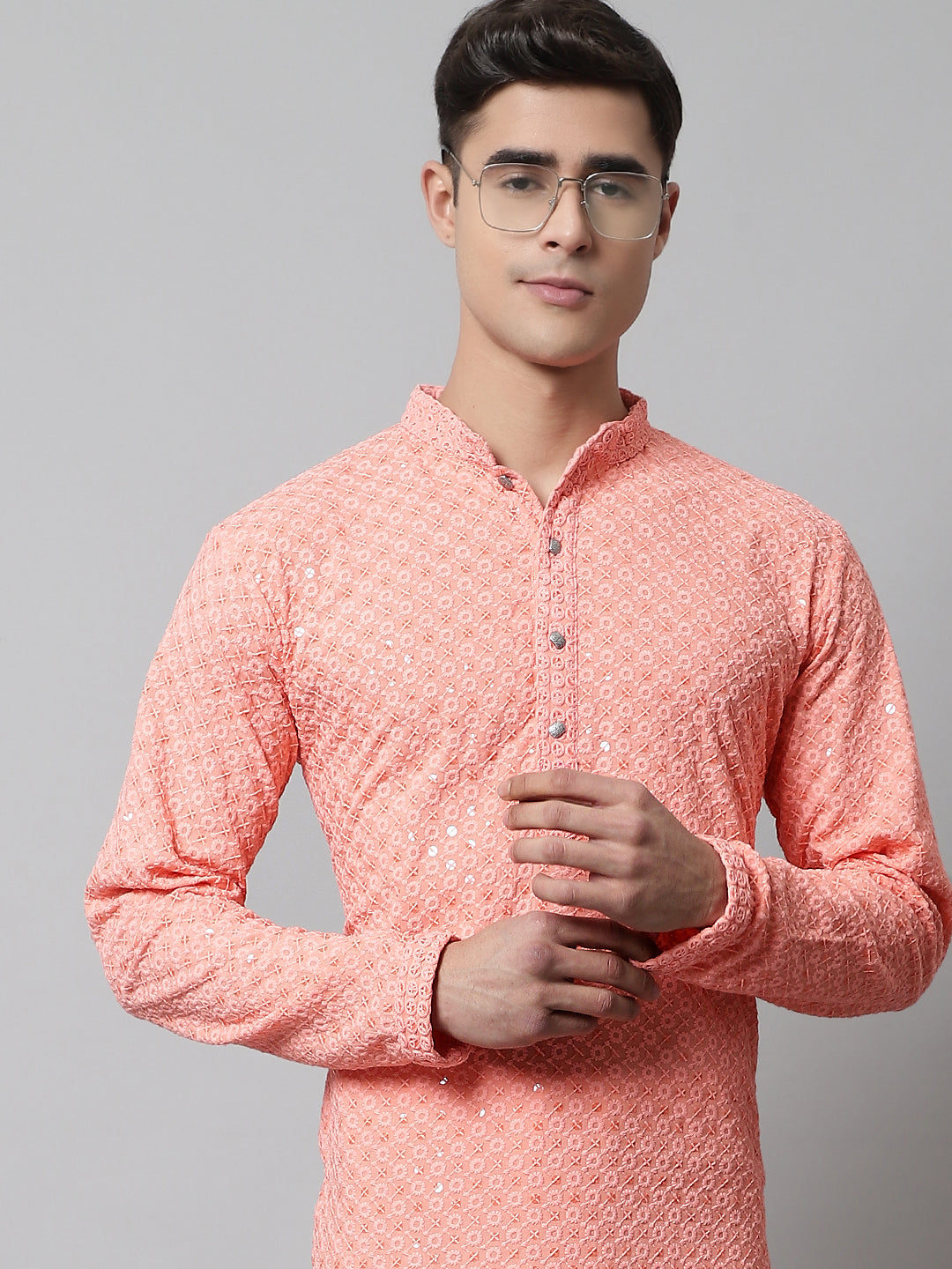 Jompers Men's Peach Chikankari Embroidered and Sequence Kurta - Distacart